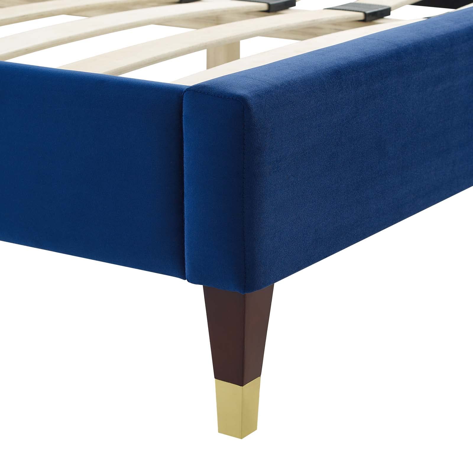 Modway Gwyneth Tufted Performance Velvet Queen Platform Bed in Navy with Wood and Gold Legs