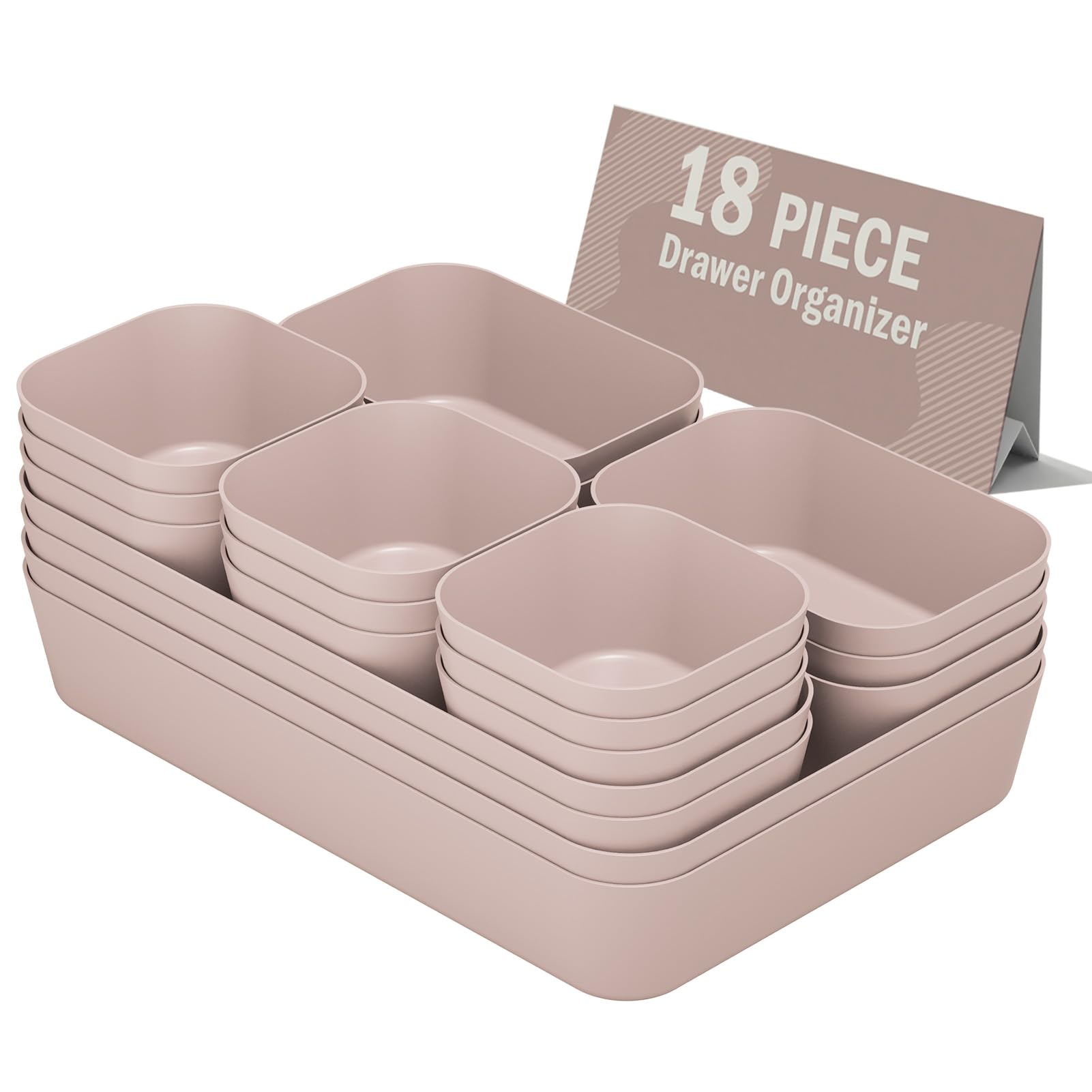 Homhut Plastic Drawer Organizers, 18 PCS Bathroom Drawer Organizer Bins, Desk and Vanity Organizer Plastic Tray, Makeup organize