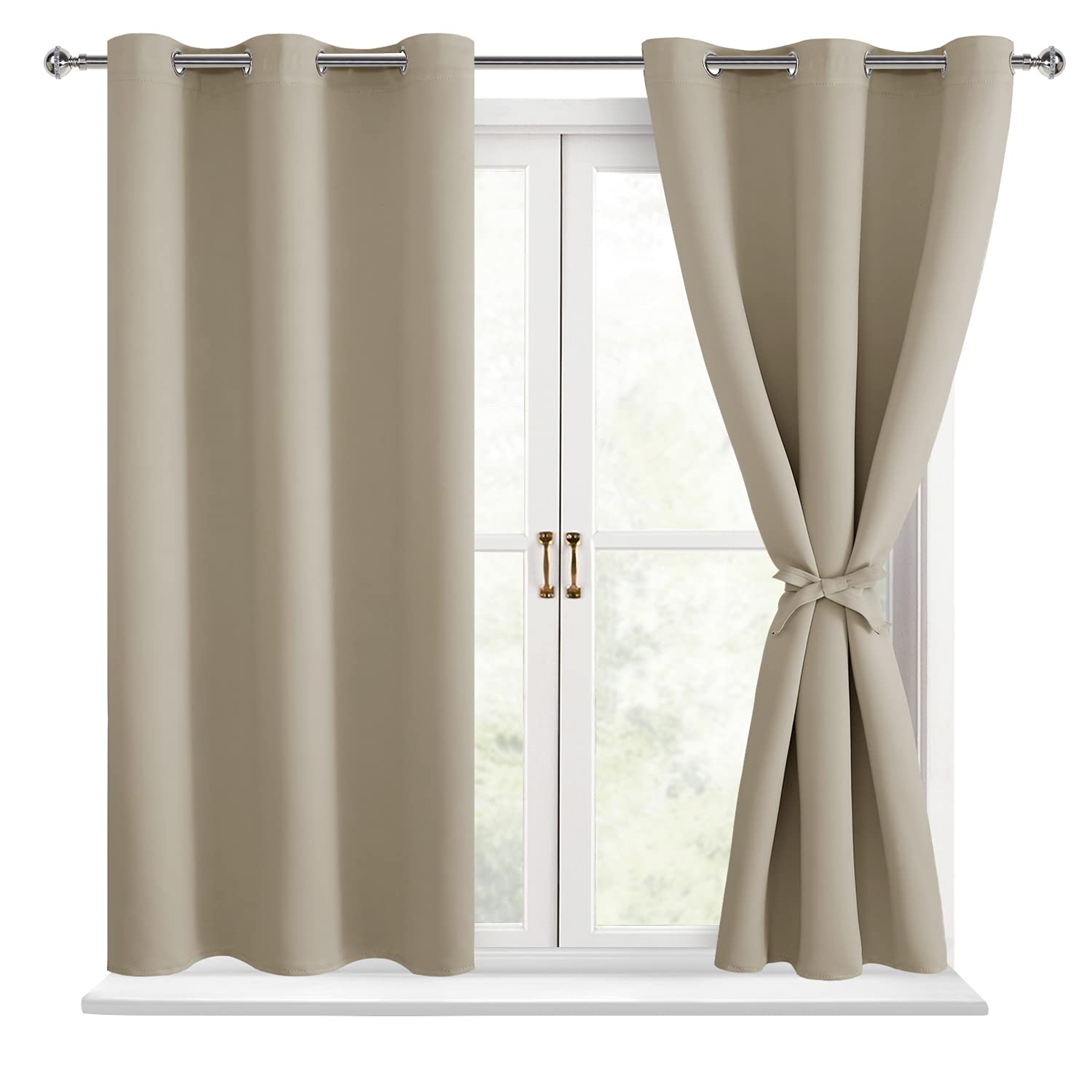Hiasan Blackout Curtains For Bedroom - Thermal Insulated & Light Blocking Window Curtains For Living Room, 2 Drape Panels Sewn With Tiebacks, Light Beige, 38 X 54 Inch
