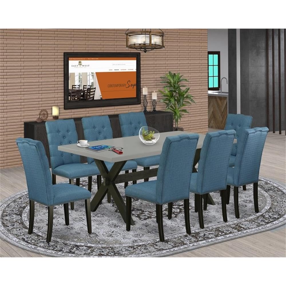 East West Furniture X697El121-9 9 Piece Dining Room Furniture Set Includes A Rectangle Dining Table With X-Legs And 8 Blue Linen Fabric Upholstered Chairs, 40X72 Inch, Multi-Color