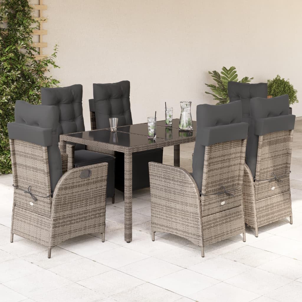 vidaXL 7 Piece Patio Dining Set with Cushions - Gray PE Rattan, Adjustable Reclining Chairs, Tempered Glass Table for Garden, Backyard, Patio - Includes 1 Table, 6 Chairs, and Cushions