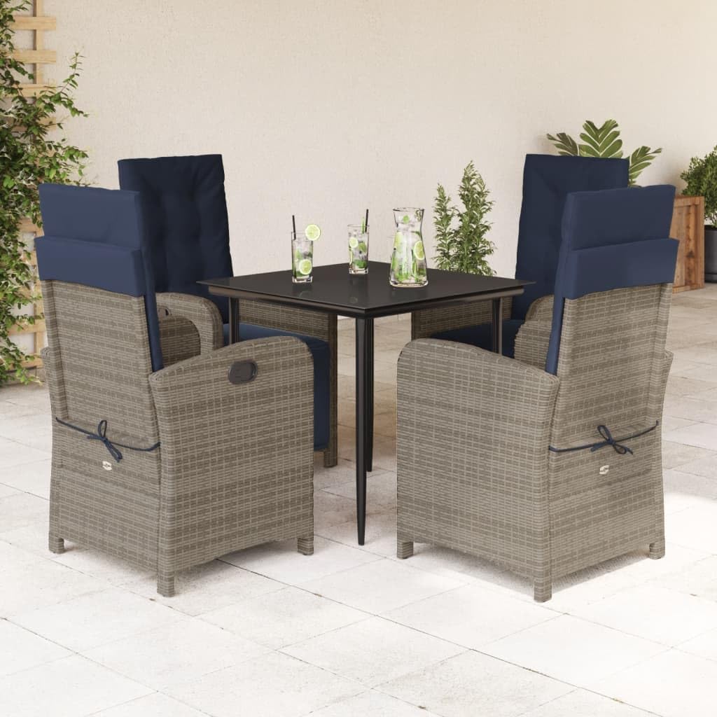 vidaXL 5-Piece Patio Dining Set - Gray Poly Rattan with Navy Cushions, Adjustable Reclining Chairs, Tempered Glass Table