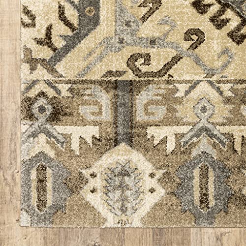 HomeRoots Polypropylene 5’ x 8’ Tan and Gold Central Medallion Indoor Area Rug