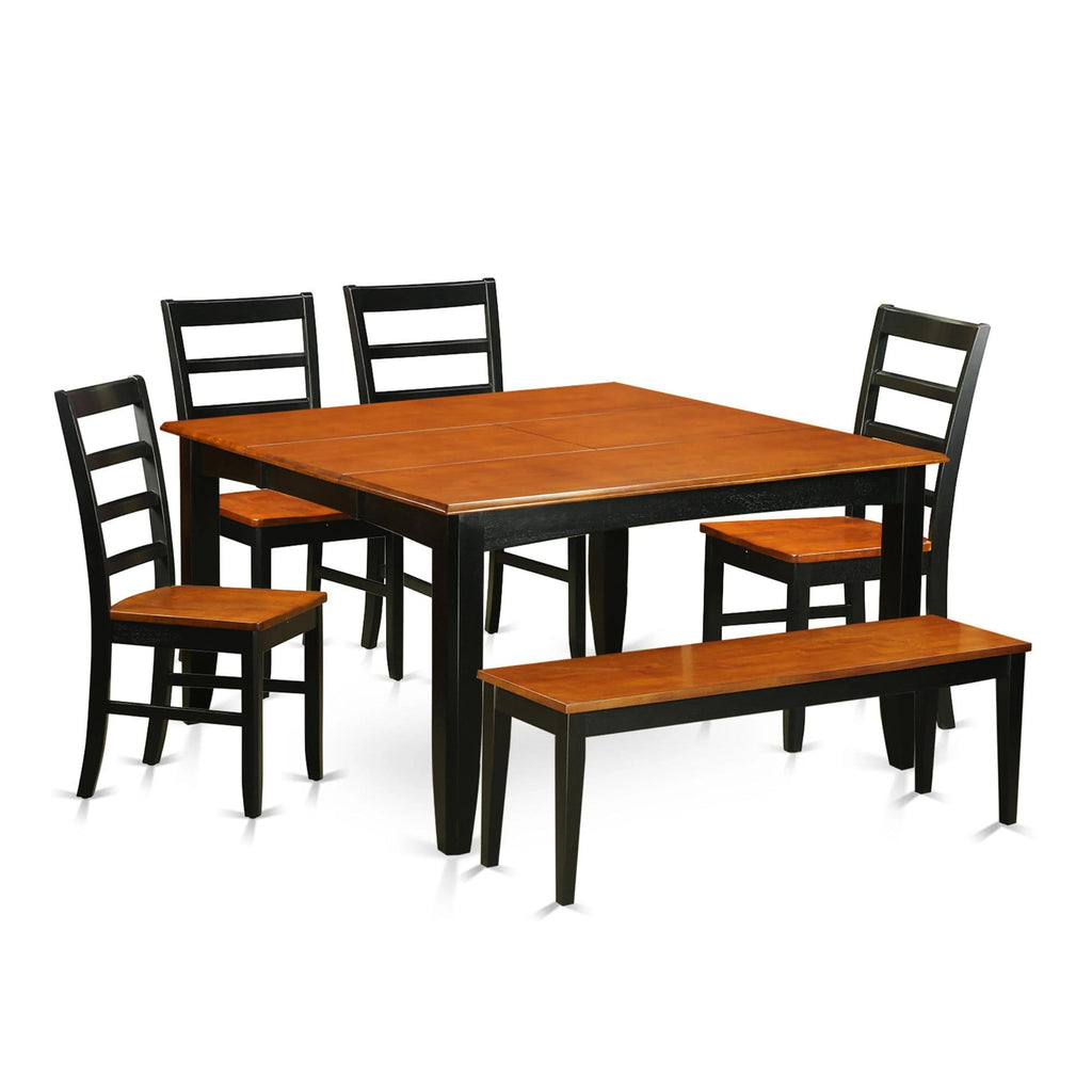 East West Furniture PARF6-BCH-W 6 Piece Set Contains a Square Wooden Table with Butterfly Leaf and 4 Dining Room Chairs with a Bench, 54x54 Inch