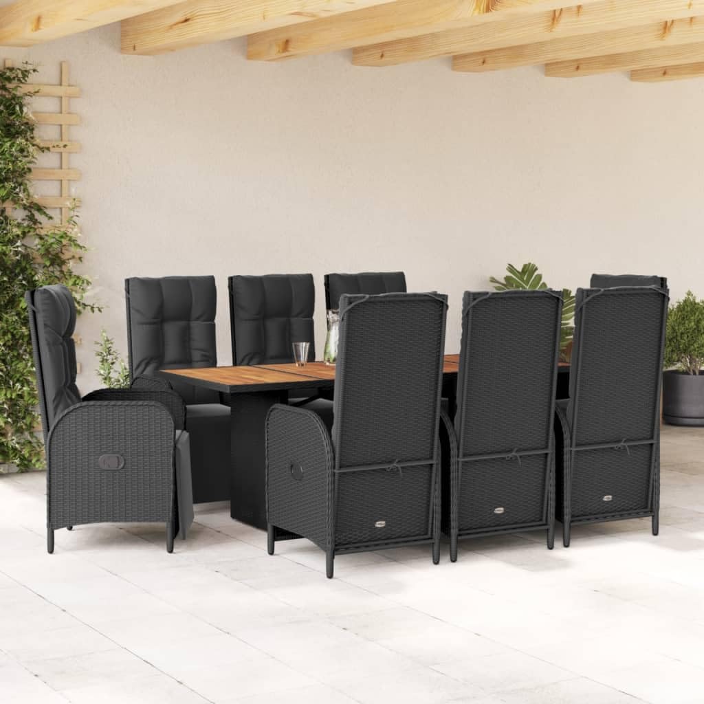 vidaXL - 9 Piece Patio Dining Set with Reclining Chairs - Black Poly Rattan - Acacia Wood Table - Outdoor/Garden/Backyard Furniture