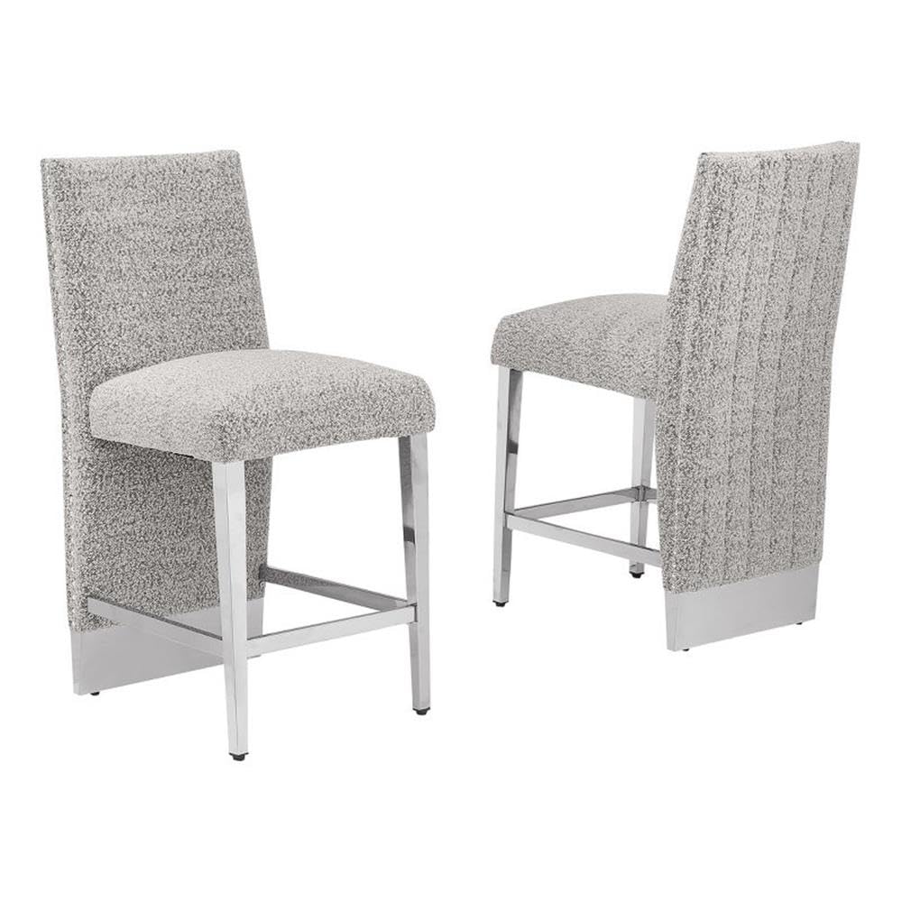 Best Quality Furniture Modern Upholstered Counter Height Stool Set Of 2 – Boucle Fabric In Rich Gray – Matte Brushed Chrome Legs In Silver – Perfect For Dining Room Or Living Room