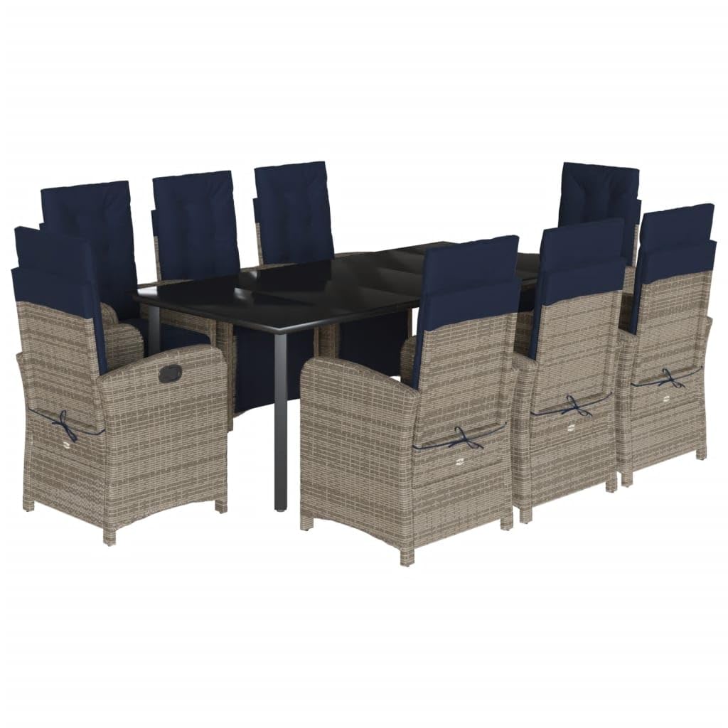 vidaXL 9-Piece Gray Poly Rattan Patio Dining Set - Adjustable Comfort, Washable Cushions, 78&quot; Table