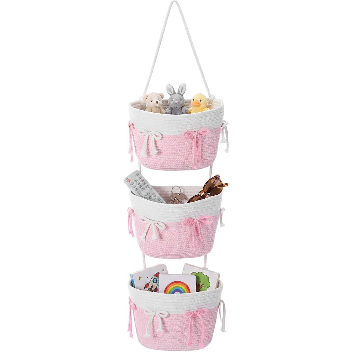 Sawysine Pink Bow Hanging Basket Woven 3 Tier Wall Mounted Storage Basket