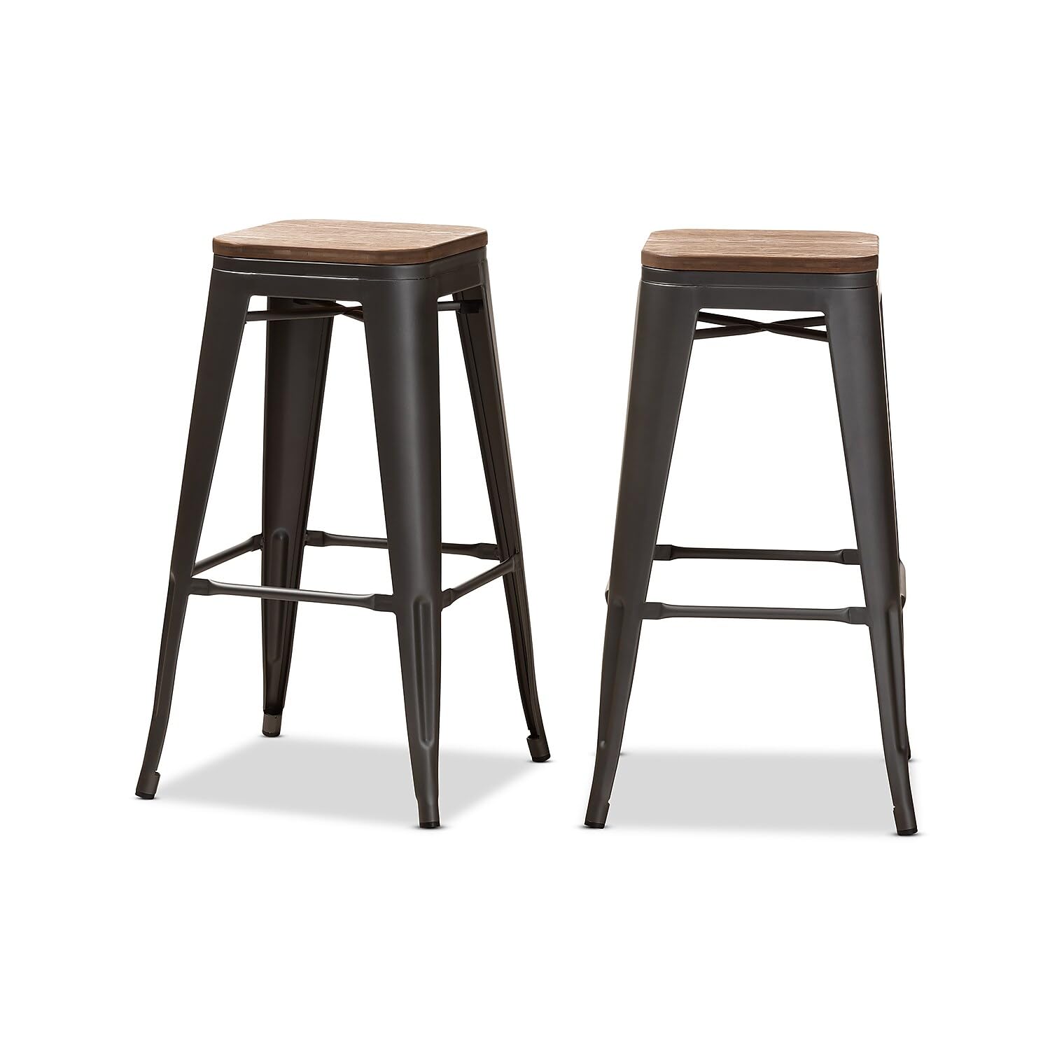 Baxton Studio Henri Vintage Rustic Industrial Style Tolix-Inspired Bamboo and Gun Metal-Finished Steel Stackable Bar Stool Set of 2