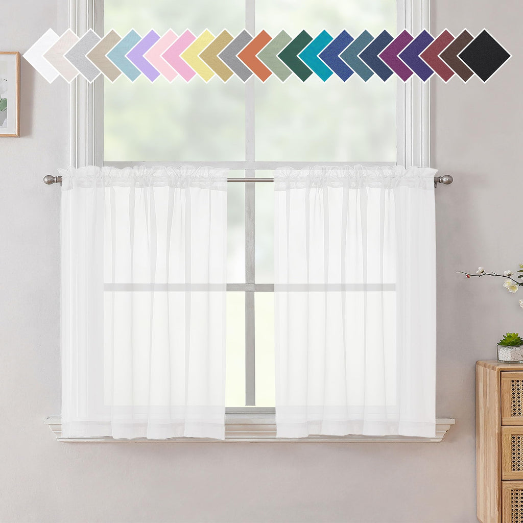 Aiyufneg White Sheer Valance For Window Curtains 24 Inch Length, Light Filtering Kitchen Valances, Small Voile Sheer Curtains Fo
