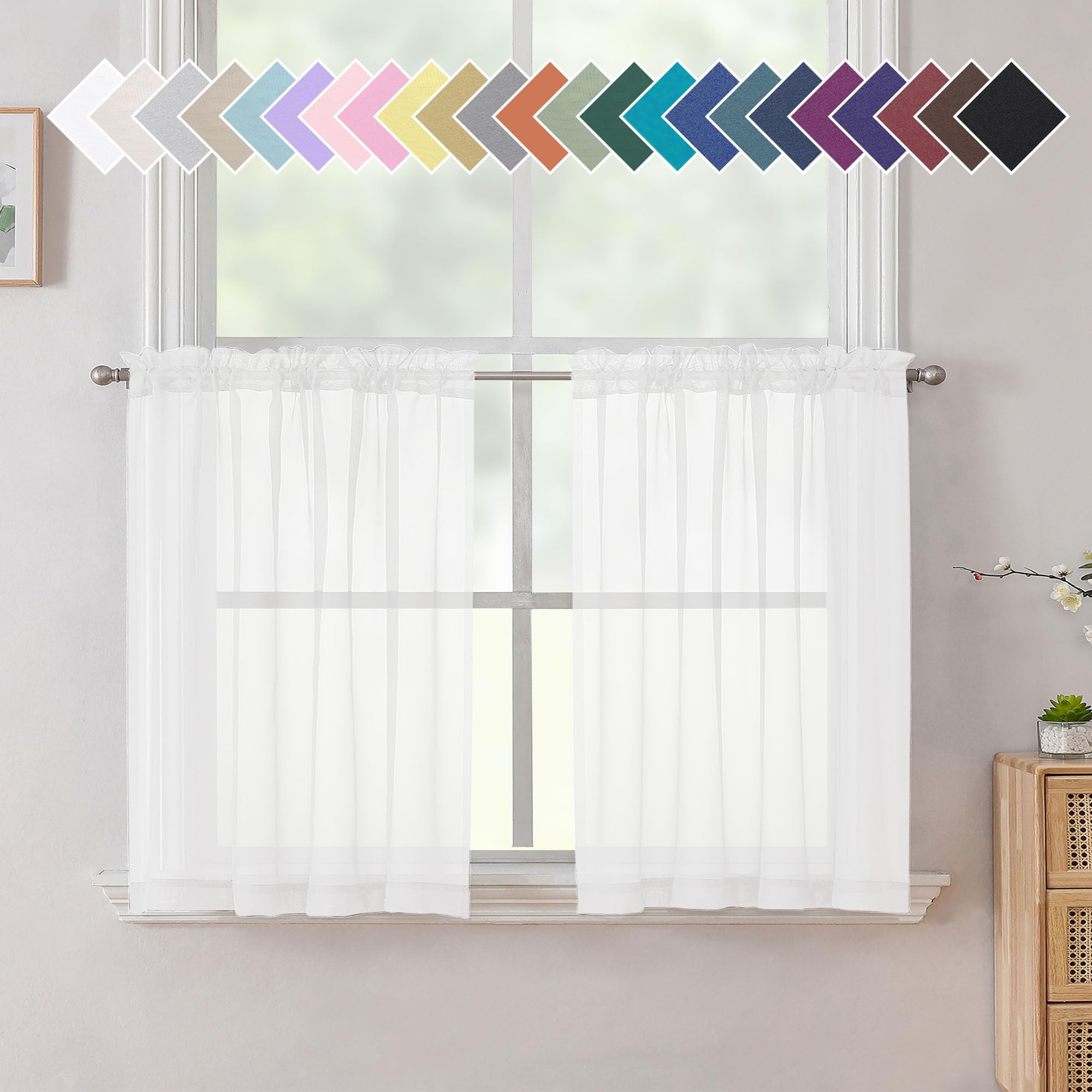 Aiyufneg White Sheer Valance For Window Curtains 24 Inch Length, Light Filtering Kitchen Valances, Small Voile Sheer Curtains Fo