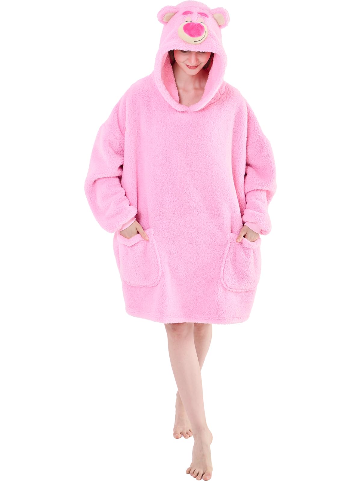 Newcosplay Wearable Blanket Hoodie Sherpa Hoodie Blanket For Women Men Warm Oversized Sweatshirt With Pockets (Pink Bear, Adult)