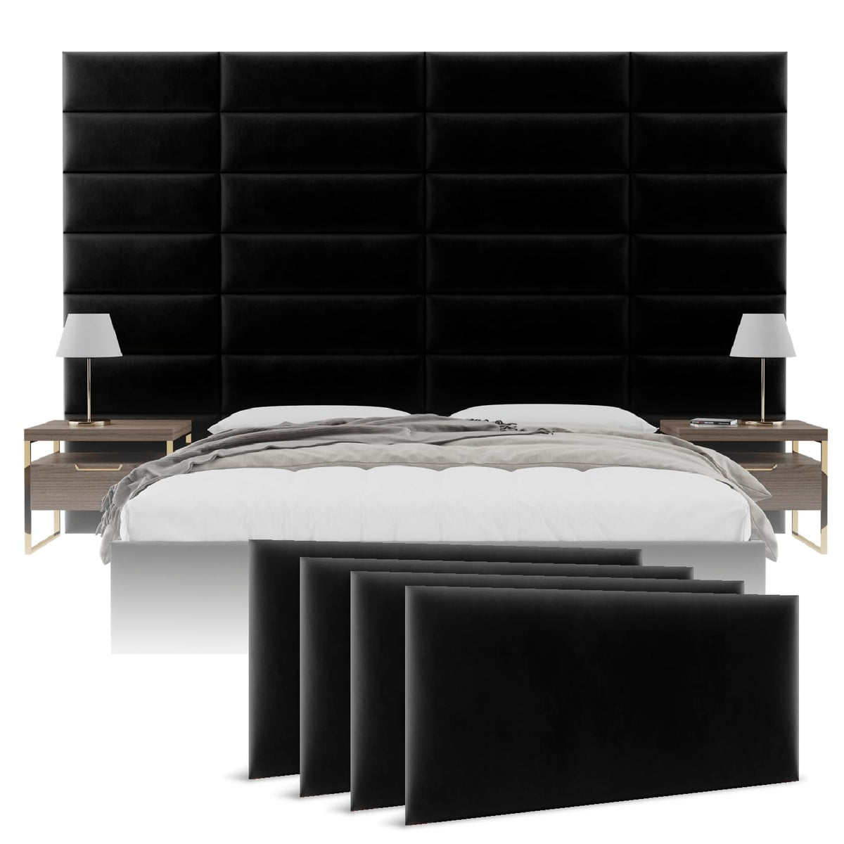 Vänt Upholstered Wall Panels - King/Cal King Size Wall Mounted Velvet Headboards - Velvet Black - Twin/King - Set Of 4 Panels (Each Individual Panel 39'X11.5')