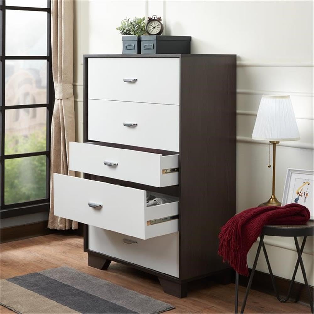 Acme Eloy Wooden Rectangular Chest with 5 Storage Drawers in White and Espresso