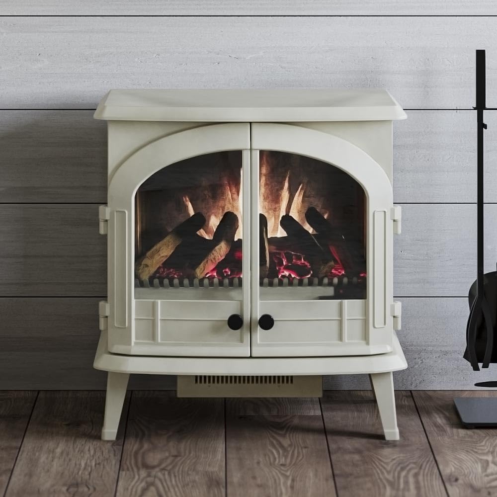 Modern Ember Freestanding Electric Fireplace Stove Heater in Cream with Multi-Color Ember Bed | Smart Technology | WiFi App, Ale