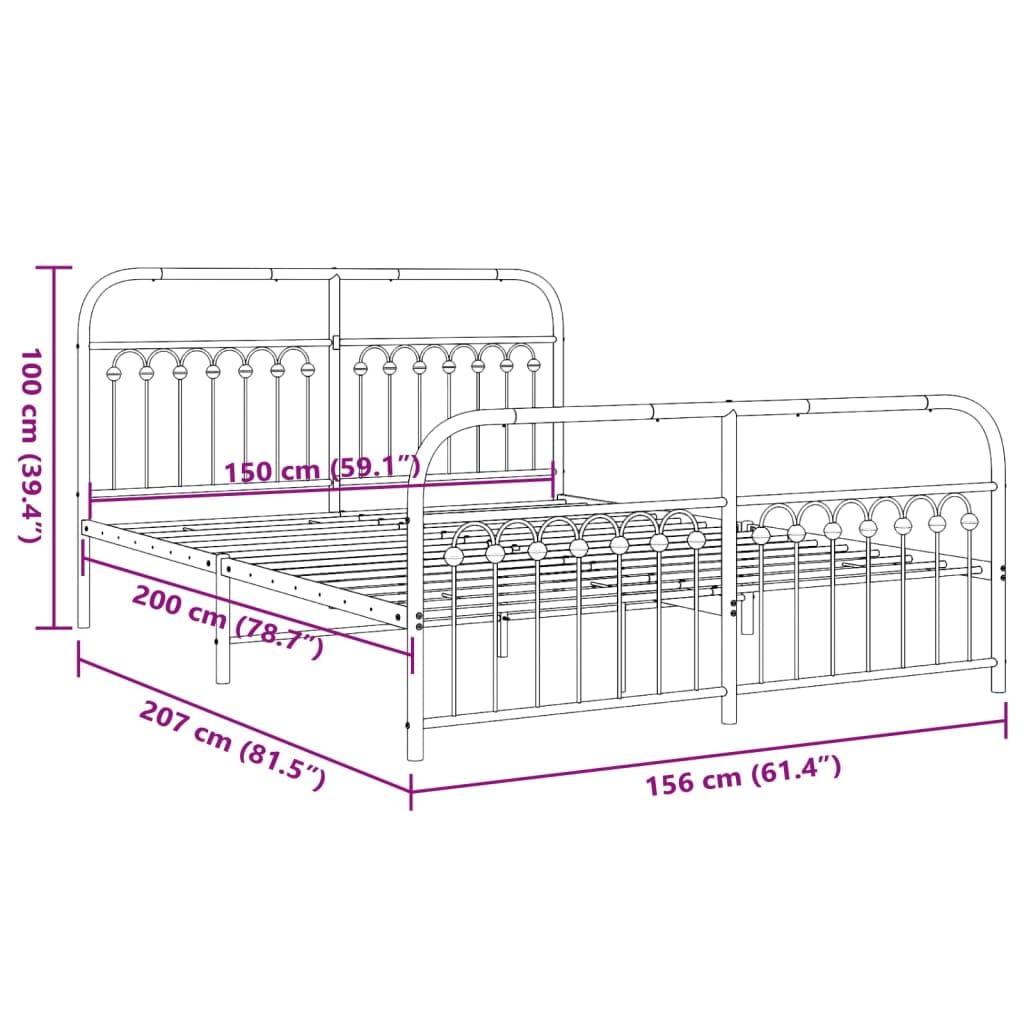 vidaXL Metal Bed Frame with Headboard and Footboard - Black Steel Double Bed 59.1x78.7 with Extra Storage Space - Sturdy Stable Frame Assembly Required