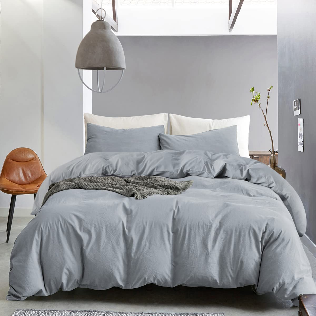 Ecocott Haze Blue Duvet Cover Queen Size, 3 Piece 100% Washed Cotton 1 Duvet Cover With Zipper And 2 Pillowcases, Ultra Soft And