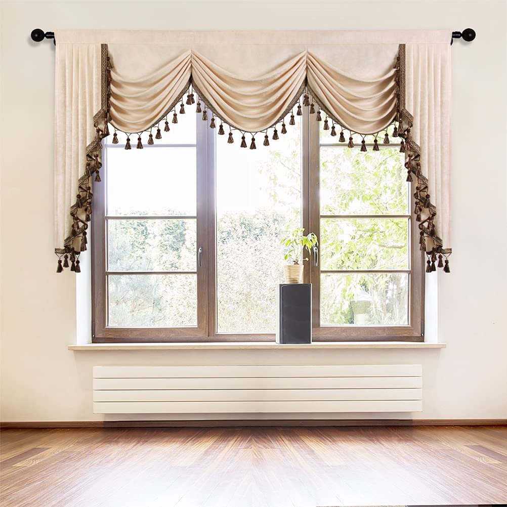 Elkca Beige Chenille Window Curtains Valance For Living Room Luxury Waterfall Valance For Bedroom, Rod Pocket (W89 Inch, 1 Panel
