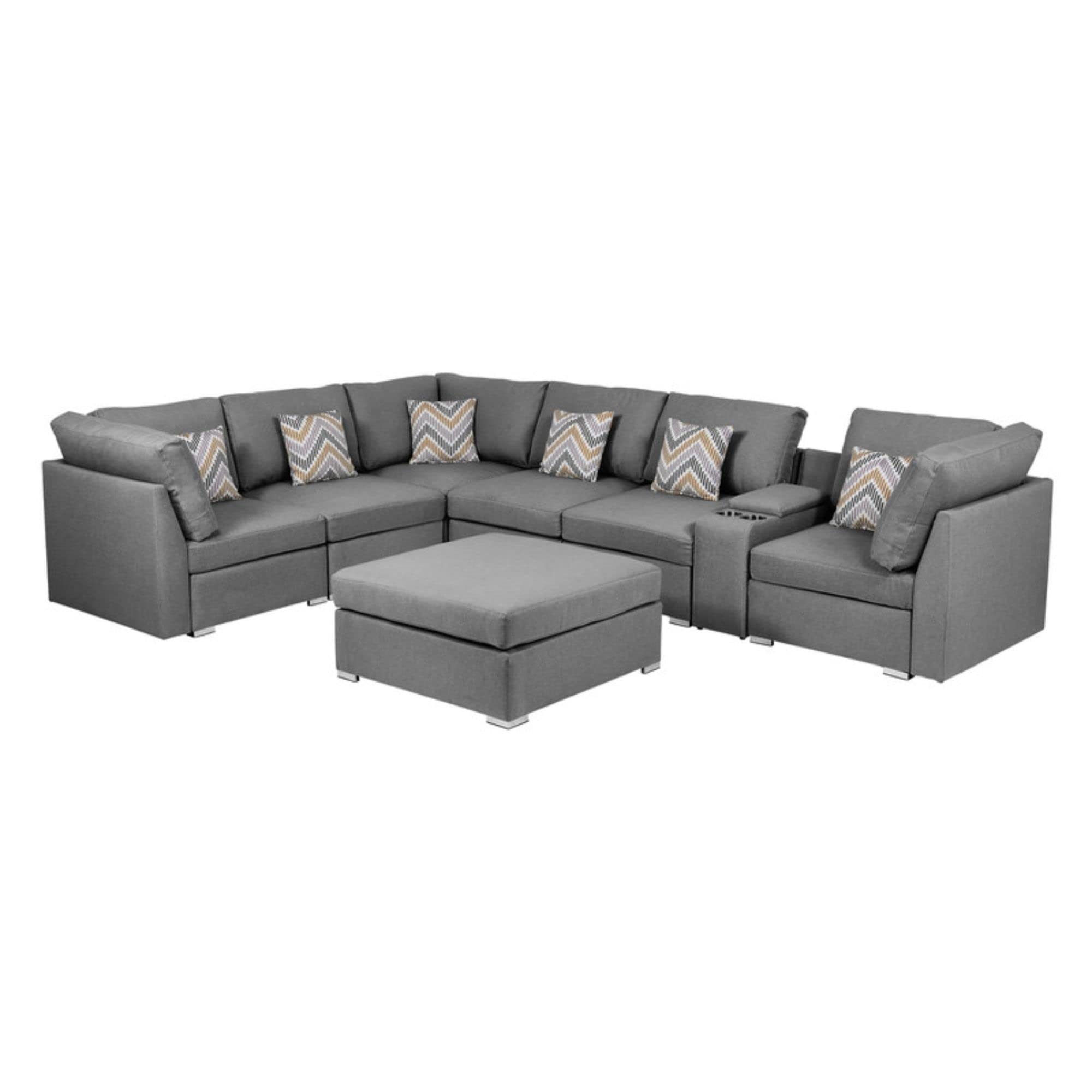 Lilola Home Amira Gray Fabric Reversible Modular Sectional Sofa with USB Console and Ottoman