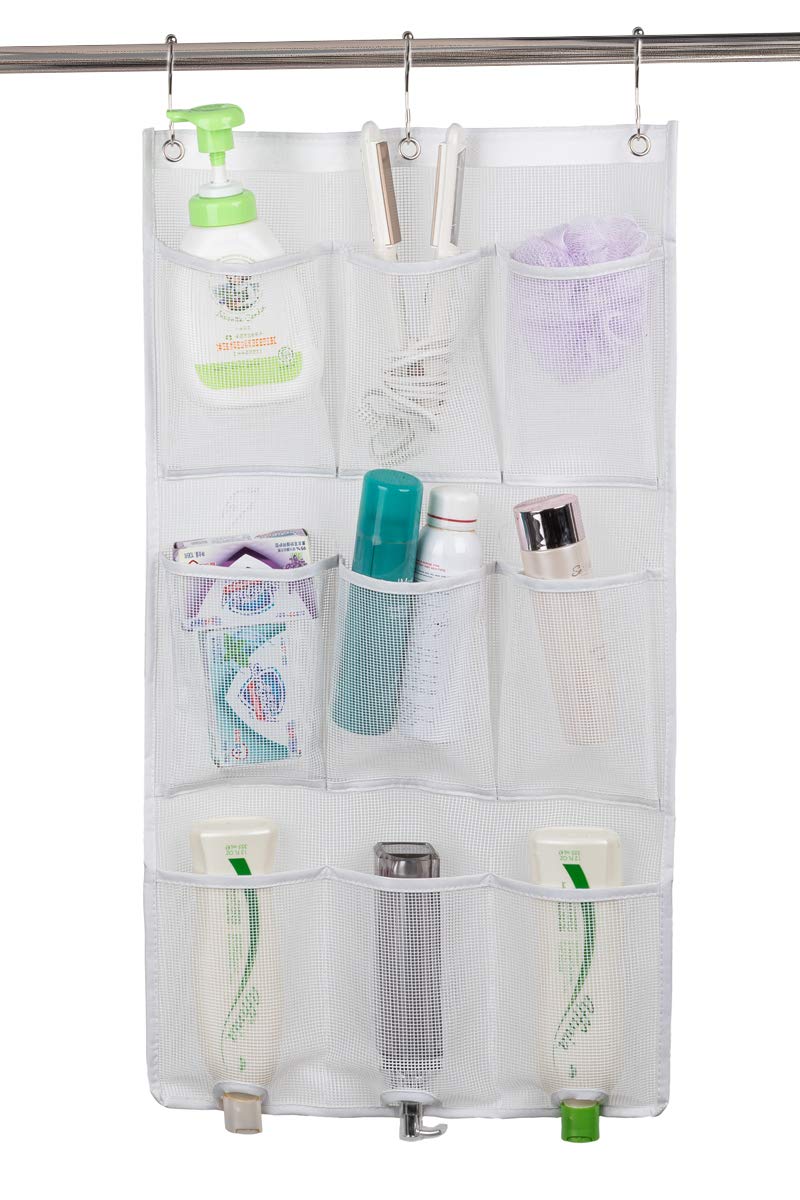 ALYER 9 Pockets Big Mesh Shower Caddy Hanging Bathroom Storage Organizer with 3 Rings (White)