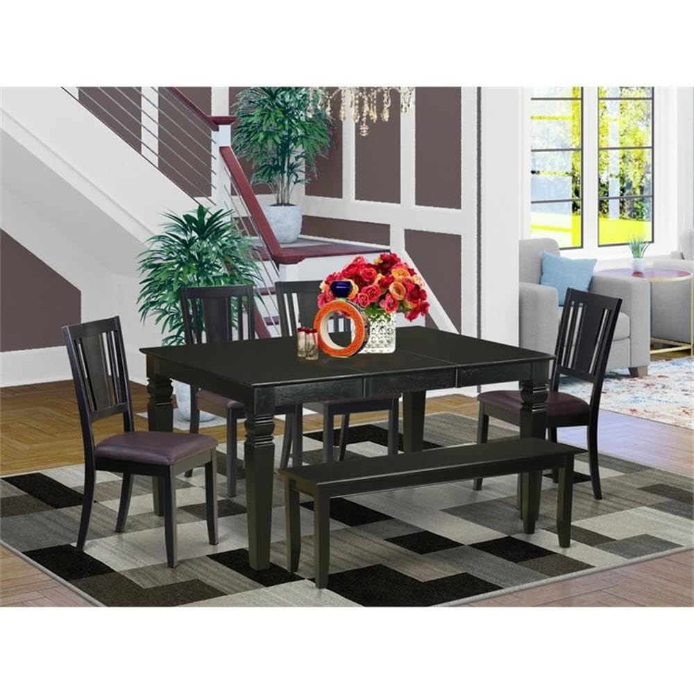 East West Furniture WEDU6D-BLK-LC 6 Piece Dining Set Contains a Rectangle Dining Table with Butterfly Leaf and 4 Faux Leather Kitchen Chairs with a Bench, 42x60 Inch, Black