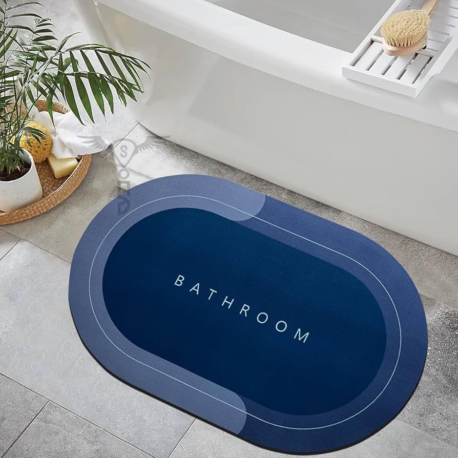 Bathroom Bath Mat, Blue Oval Design, NonSlip Floor Rug, Modern Geometric Pattern(Pack of 1)