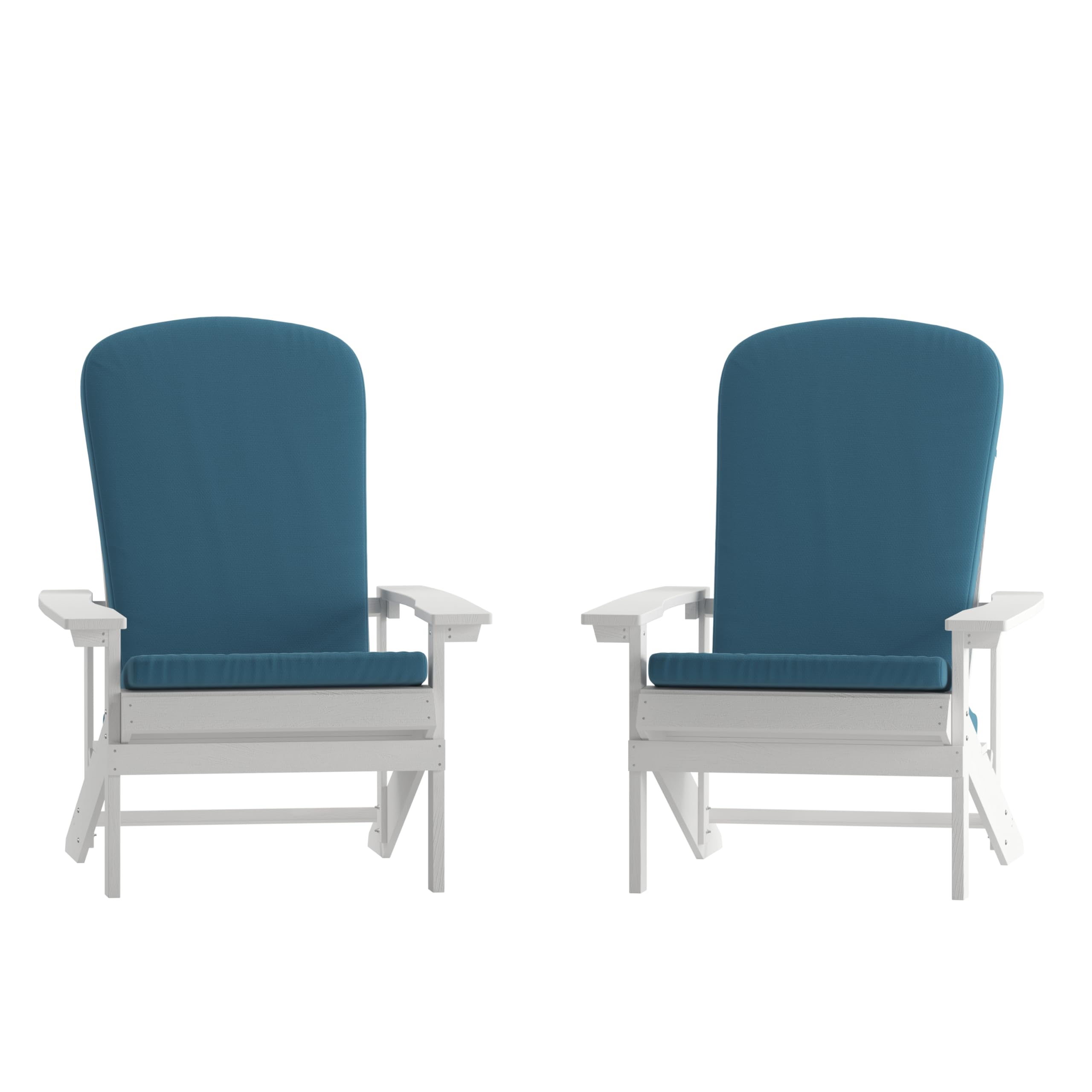 Set of 2 Adirondack Chairs in White with Teal Cushions, Porch, and Patio