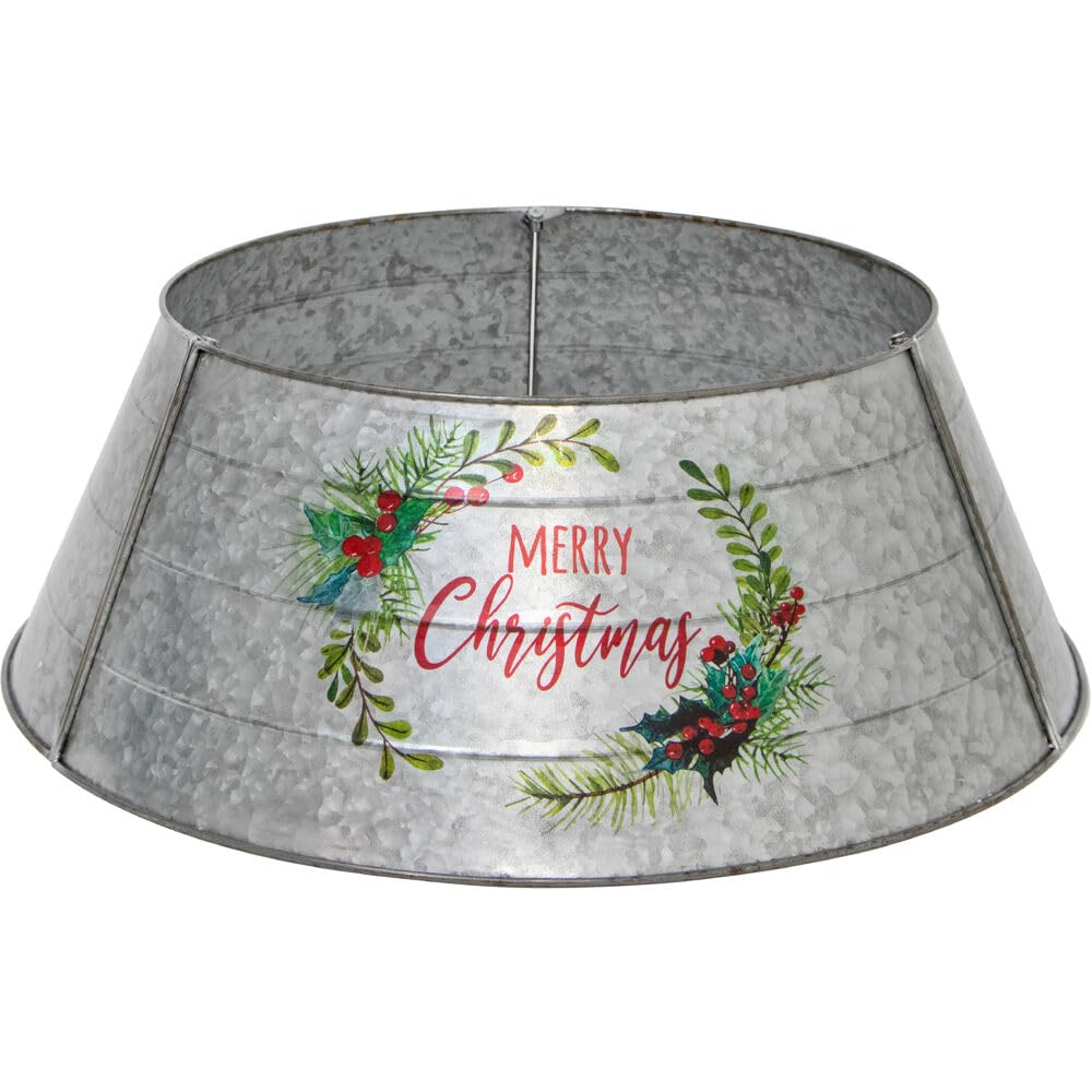 Fraser Hill Farm Metal Christmas Tree Collar With Merry Christmas Greeting For Real Or Artificial Trees, Rustic Tree Ring To Cover Tree Base