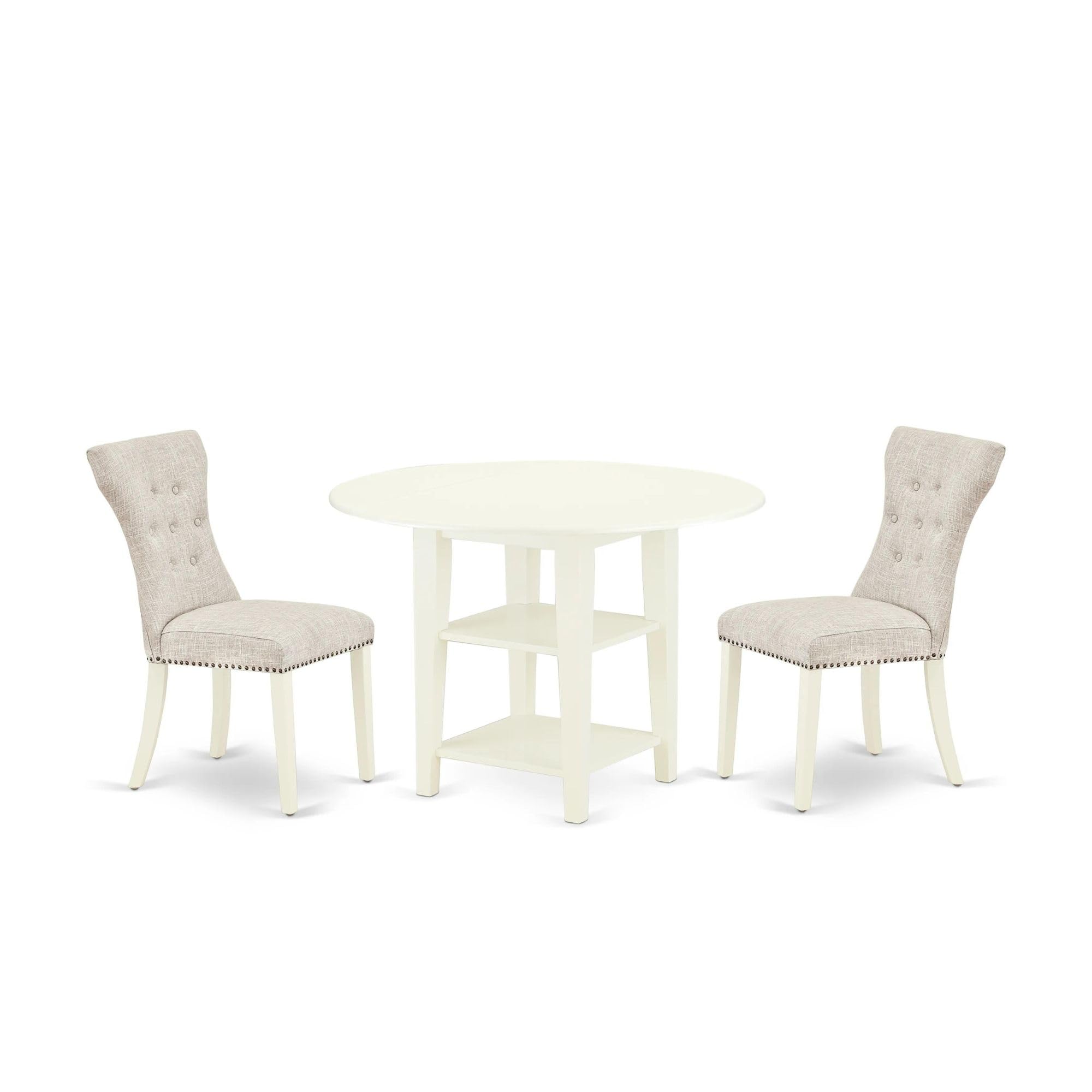East West Furniture Suga3-Lwh-35 3 Piece Kitchen Table Set For Small Spaces Contains A Round Dining Table With Dropleaf And 2 Doeskin Linen Fabric Upholstered Chairs, 42X42 Inch, Linen White