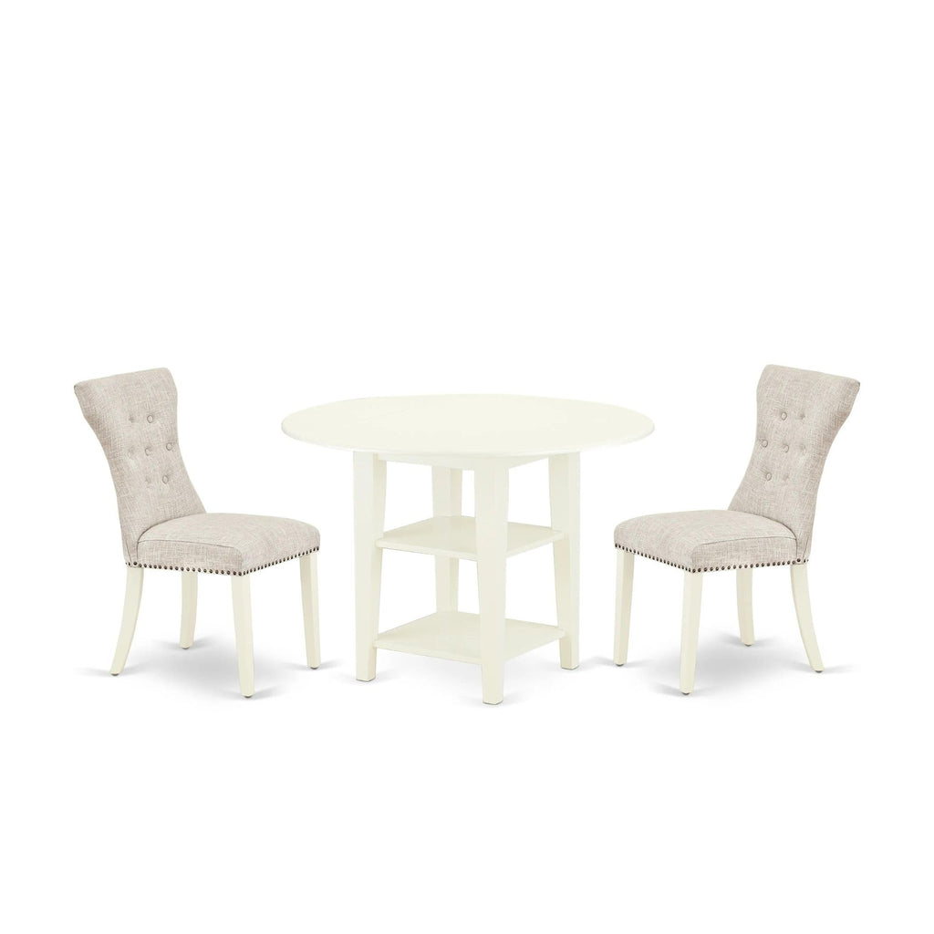 East West Furniture Suga3-Lwh-35 3 Piece Kitchen Table Set For Small Spaces Contains A Round Dining Table With Dropleaf And 2 Doeskin Linen Fabric Upholstered Chairs, 42X42 Inch, Linen White