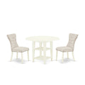 East West Furniture Suga3-Lwh-35 3 Piece Kitchen Table Set For Small Spaces Contains A Round Dining Table With Dropleaf And 2 Doeskin Linen Fabric Upholstered Chairs, 42X42 Inch, Linen White