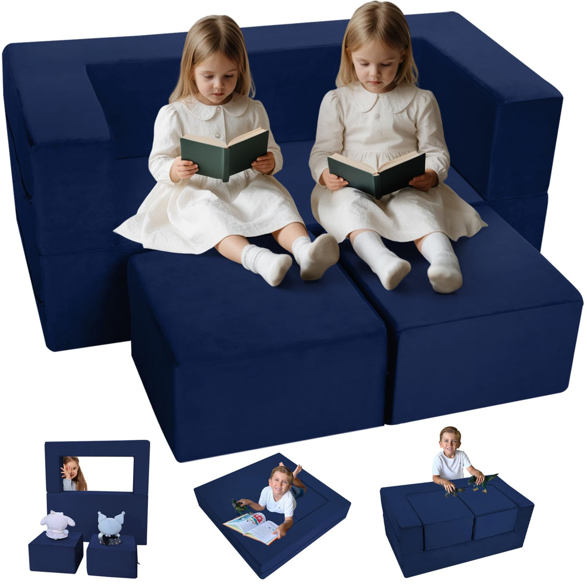 Memorecool Convertible Modular Kids Foam Play Couch Sofa – Navy Fold-Out Toddler Couch For Playroom Or Bedroom