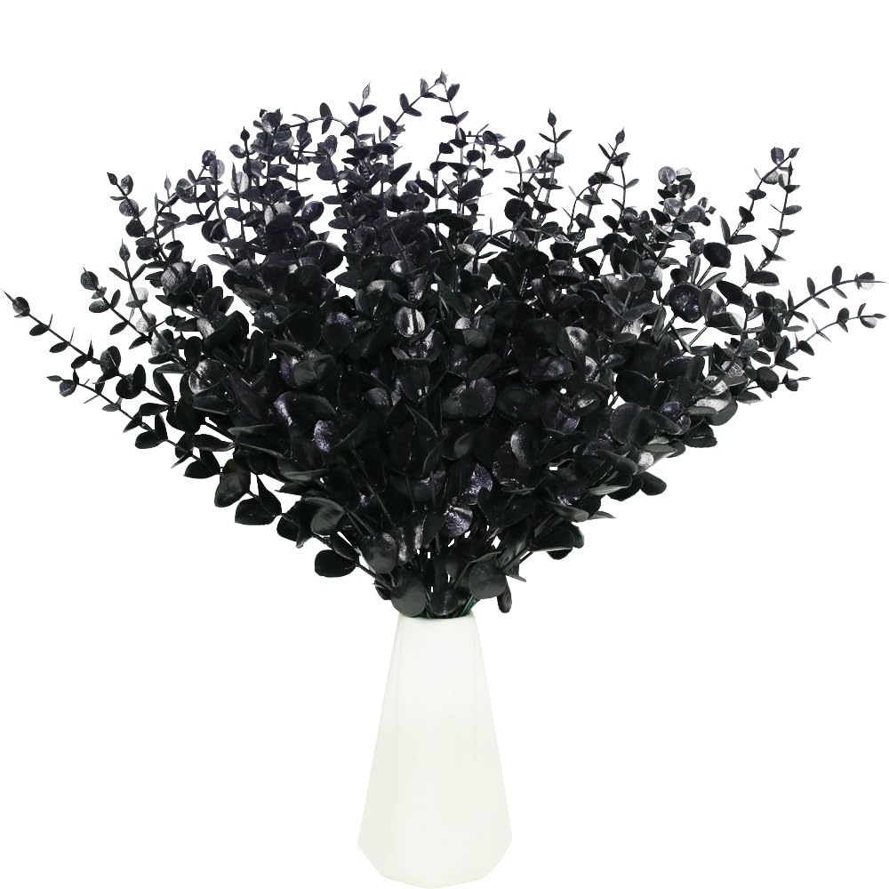 Tinsow Black Artificial Eucalyptus Stem Bulk Halloween Faux Eucalyptuses Wedding Bouquet Centerpiece Home Decor (65, Black)