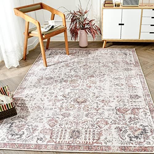 jinchan Area Rug 8x10 Washable Rug Vintage Rug Indoor Thin Rug Retro Accent Rug Distressed Carpet Red Multi Floral Print Country