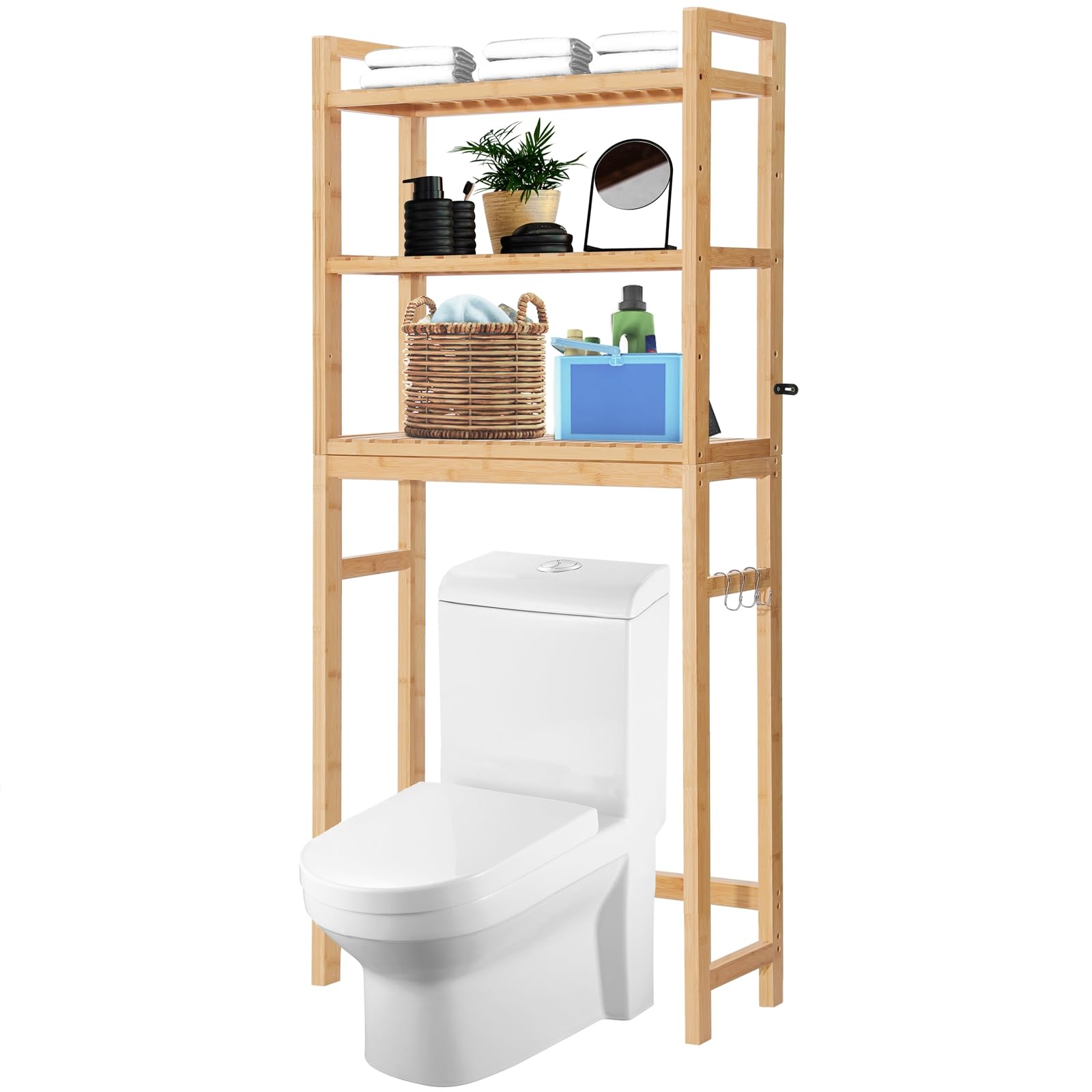 Hitomen Over The Toilet Storage Cabinet, Bamboo Adjustable 3-Tier Above Toilet Shelf, Stable Freestanding Above Toilet Organizer With 3 Hooks For Bathroom Restroom Laundry Balcony, Natural 67' H