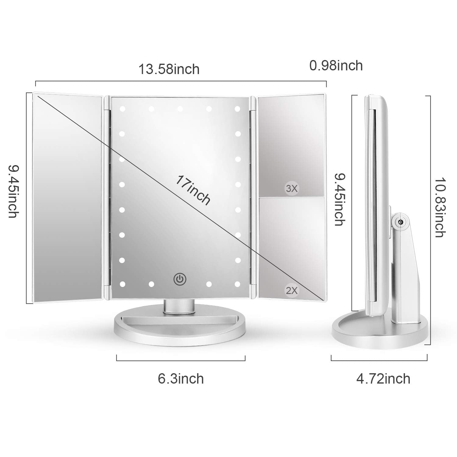 Deweisn Tri-Fold Lighted Vanity Tabletop Mount Mirror With 21 Led Lights, Touch Screen And 3X/2X/1X Magnification, Two Power Sup