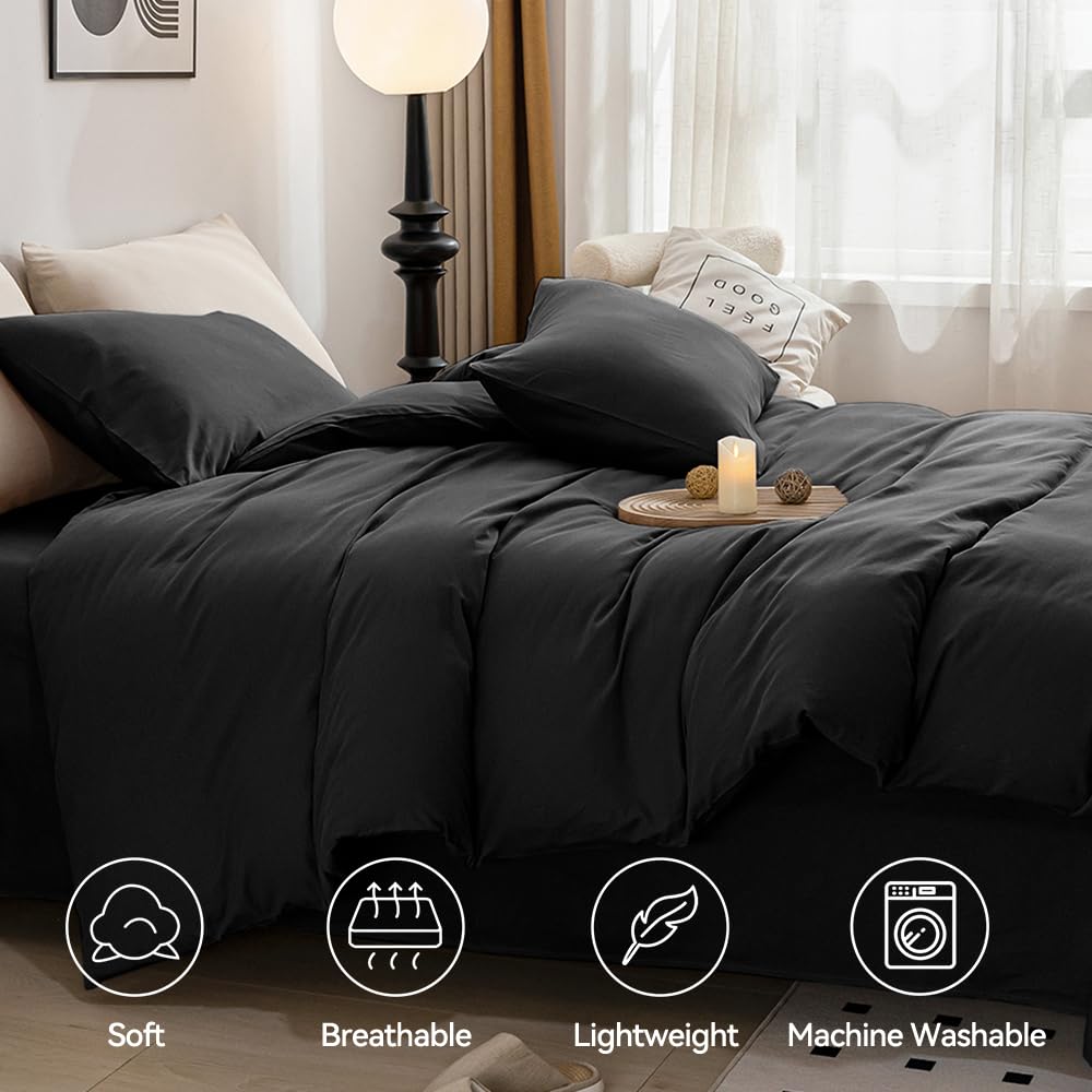 Jellymoni Black Duvet Cover Full Size - 100% Washed Cotton Linen Like Textured Comforter Cover, 3 Pieces Breathable Soft Bedding