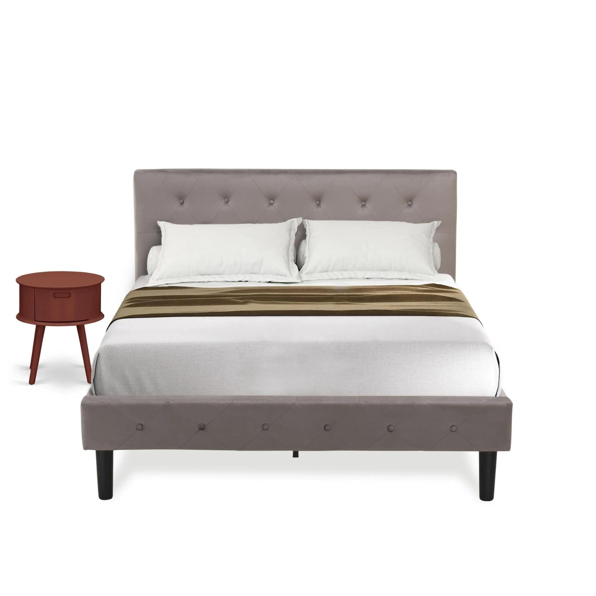 East West Furniture NL14F-1GO11 2 Piece Bedroom Set - Button Tufted Platform Bed Frame - Brown Taupe Velvet Fabric Upholstered Headboard and a Black Finish Nightstand