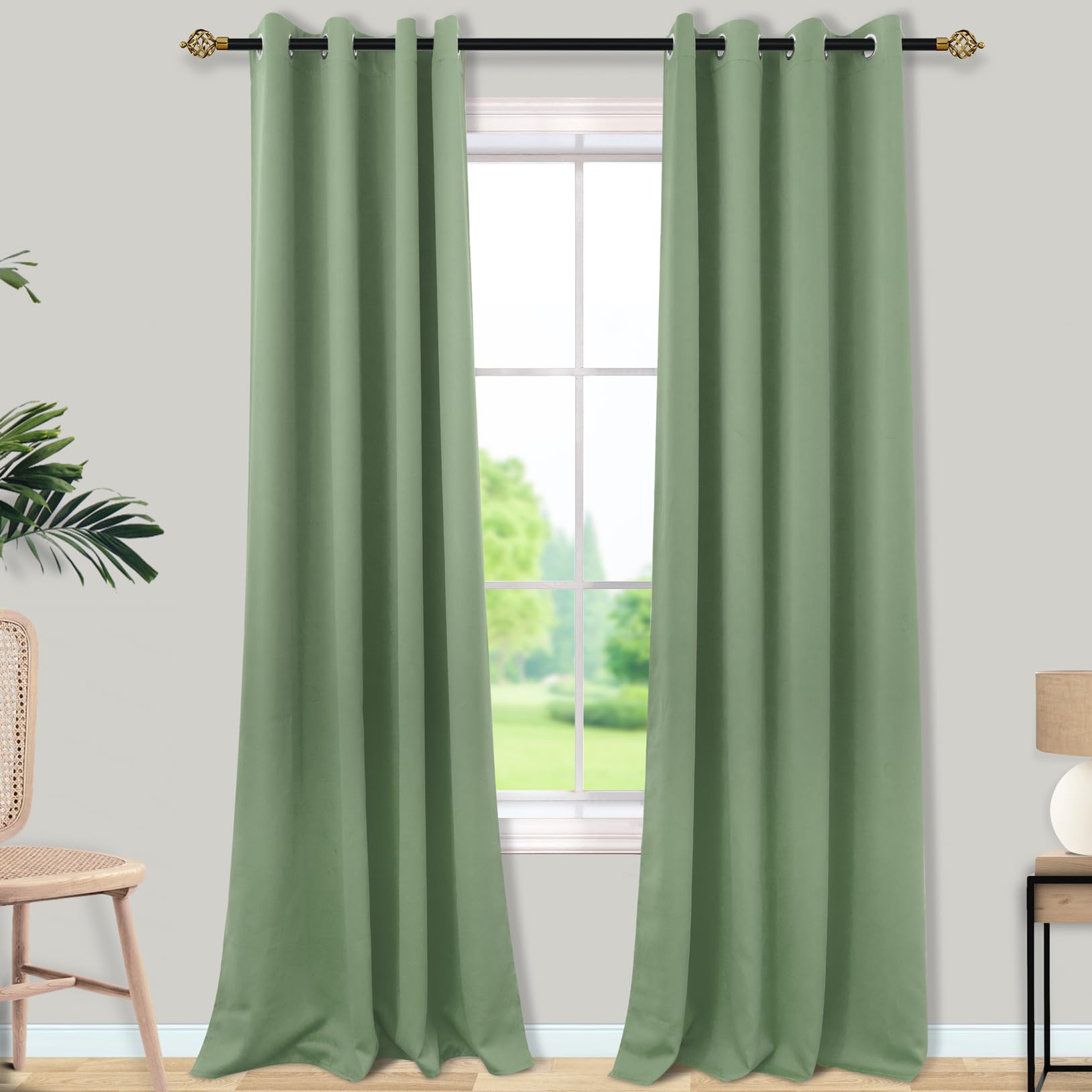 Mrs.Naturall Sage Green Curtains 52x100 Inches Long for Dining Room 2 Panels Blackout Room Darkening Curtain for Bedroom