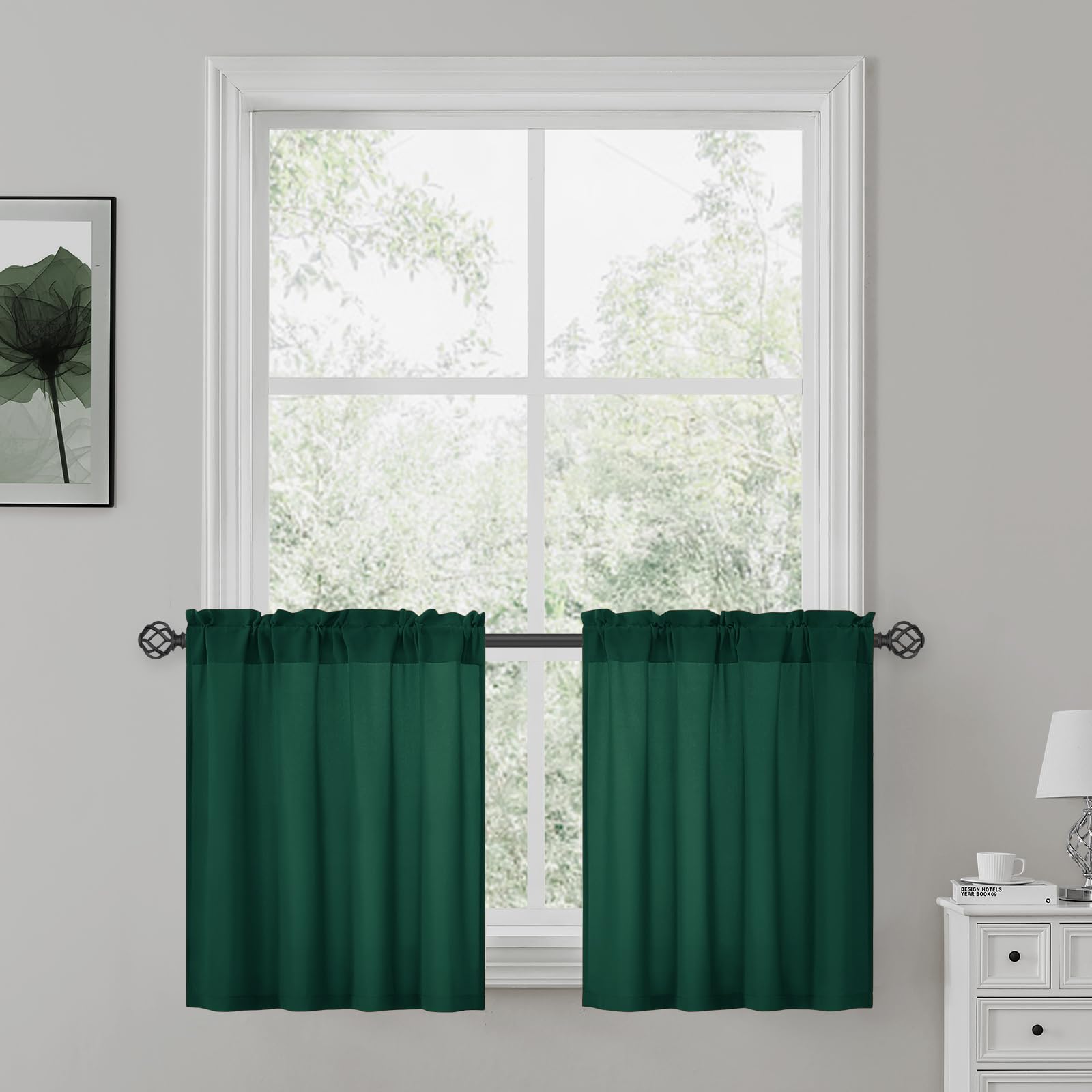 HOMEIDEAS Christmas Non-See-Through Hunter Green Privacy Sheer Curtains, 30 X 24 Inches Long 2 Panels Sheer Curtains Light Filte