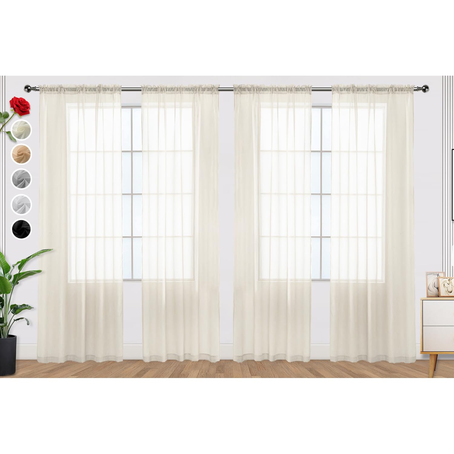 Spacedresser Ivory Sheer Curtains 4 Panels Rod Pocket Semi-Sheer Curtain 90 Inches Long Light Filtering Voile Window Drapes For