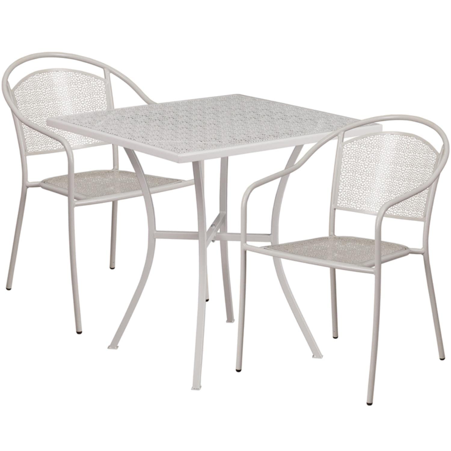 Flash Furniture Commercial Grade 28&quot; Square Light Gray Indoor-Outdoor Steel Patio Table Set with 2 Round Back Chairs