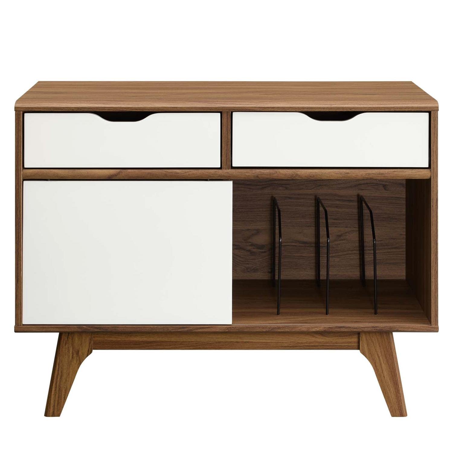 Modway Envision Mid-Century Modern 37&quot; Vinyl Record Display Stand With Drawers, 37 Inch, Walnut White