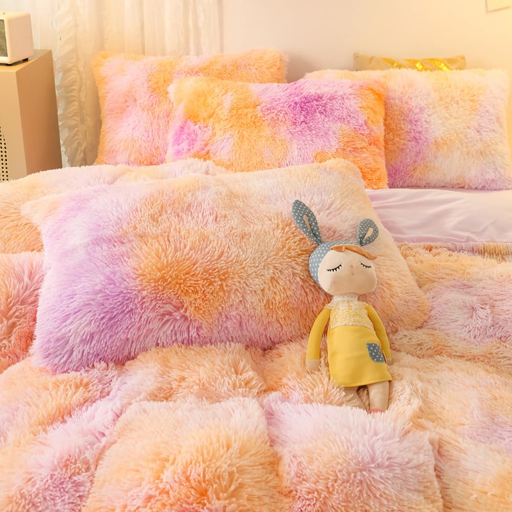 Sucses Faux Fur Twin Bedding Sets For Girls, 2 Pcs Fluffy Furry Duvet Cover Set, Plush Shaggy Tie Dye Teen Girl Bed Set, Colorfu