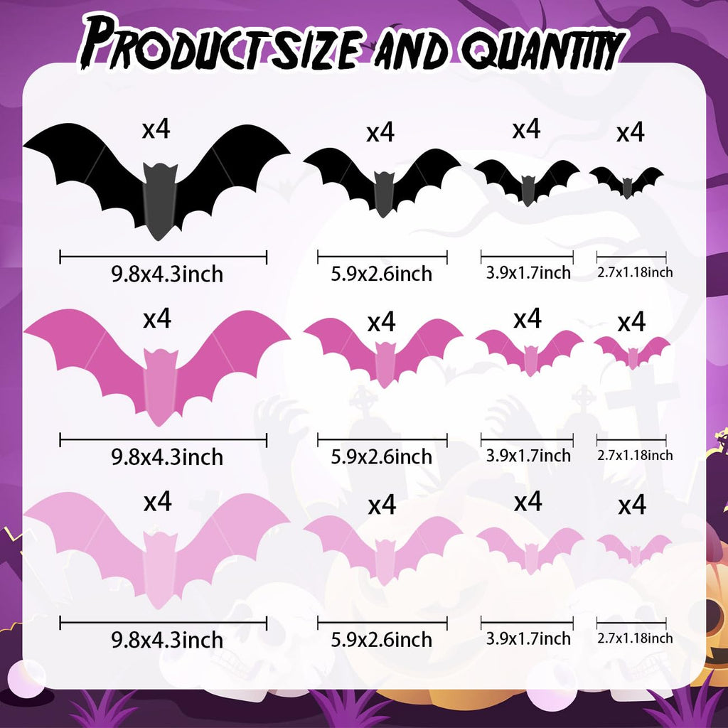 Pink Bats For Wall Halloween 3D Bats Blush And Black Diy Wall Decal Bathroom Indoor Cute Halloween Party Decorations, Pastel Hal