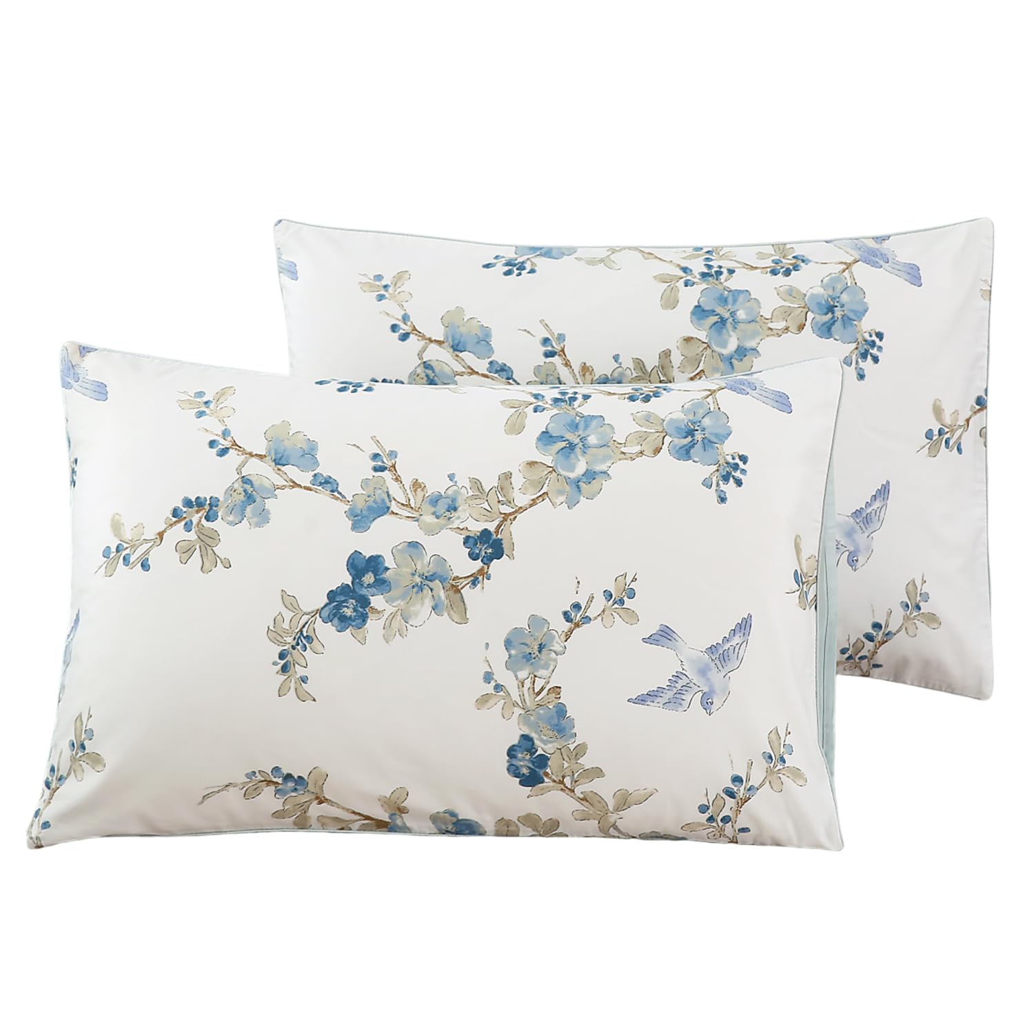 WINLIFE 100% Cotton Pillowcases Queen Size Blue Floral & Birds Printed Pillow Cover 2 Pack, Super Soft Envelope Closure Queen Pi