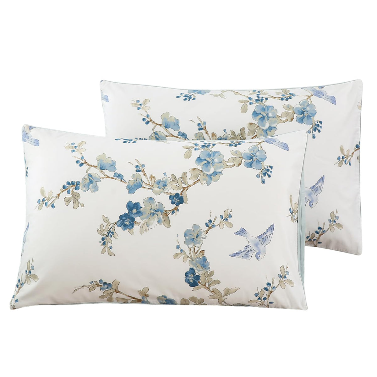 Winlife 100% Cotton Pillowcases Standard Size Blue Floral & Birds Printed Pillow Cover 2 Pack, Super Soft Envelope Closure Stand
