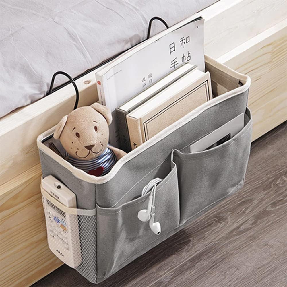 Harshit Enterprise Bedside Caddy Hanging Storage Organiser, Grey, MultiPocket Bed Rail Basket, 28.9 X 10.9 X 19 Cm, For Dorm An