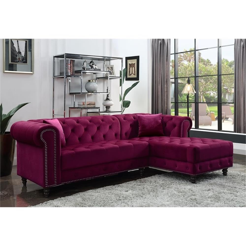 Acme Adnelis Velvet Tufted Sectional Sofa with 2 Pillows in Red