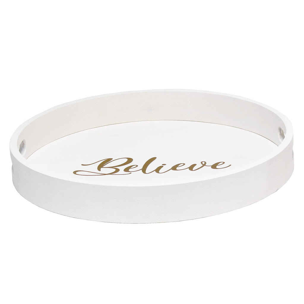 Elegant Designs Decorative 13.75'' Round Wood Serving Tray w/ Handles, ''Believe''